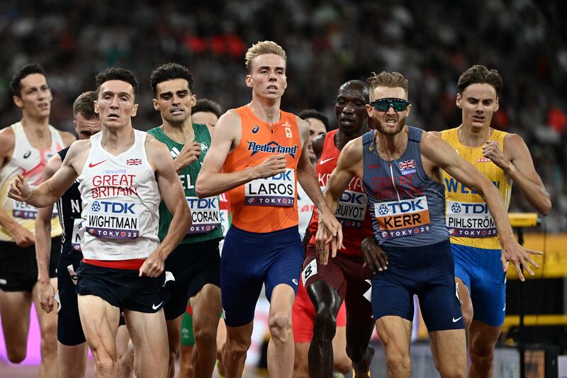 Athletes including Jake Wightman, Andrew Coscoran, Niels Laros, Timothy Cheruiyot and Josh Kerr during the 1,500m semi-final in Tokyo. Photograph: Jewel Samad/AFP via Getty Images)          