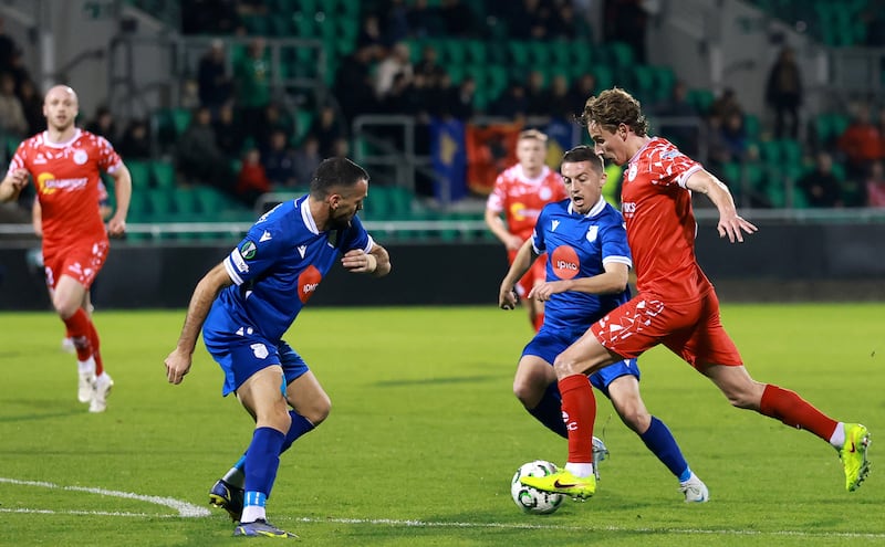 Drita's Alamir Ajzeraj in action against Shelbourne's Harry Wood. Photograph: Bryan Keane/Inpho