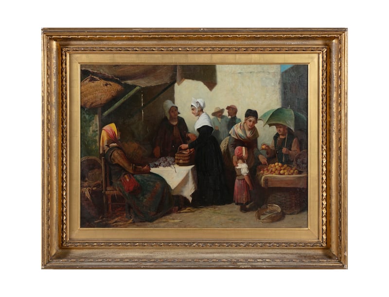 This is a depiction of a Breton market scene in the 19th century, with the central figure dressed in the traditional coiffe bigoudèn