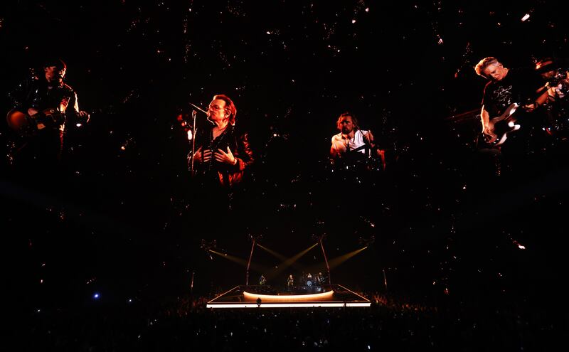 People who think Bono has a big-head would want to get a load of him looming as large as Liberty Hall in Las Vegas. Photograph: Kevin Mazur/Getty
