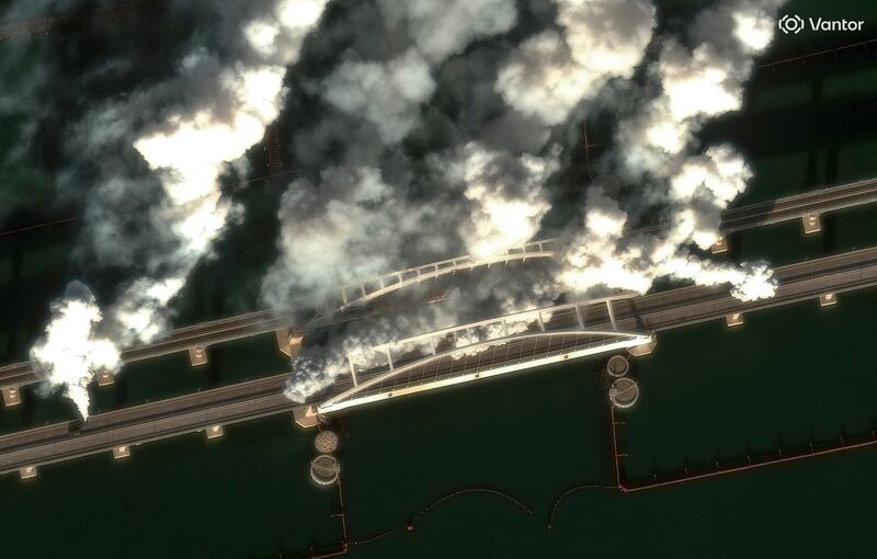 Smoke generators on the Kerch Strait Bridge in Crimea on June 23rd. Photograph: Vantor