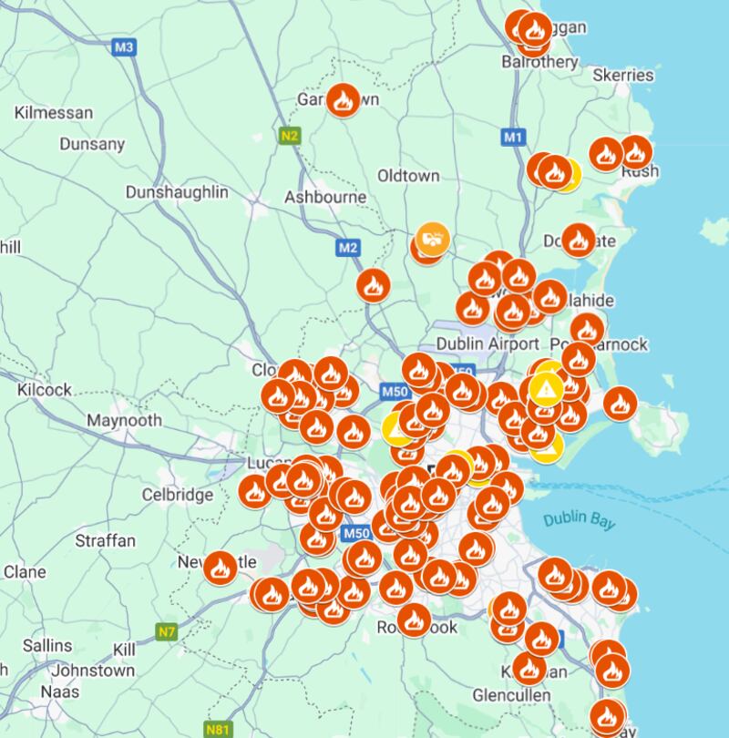 A Dublin Fire Brigade map showing active fires across Dublin at 9.30pm