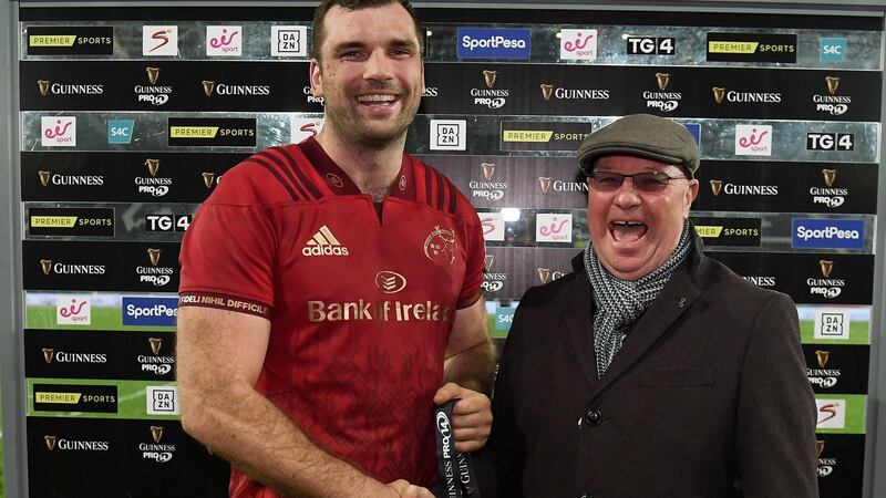 Tadhg Beirne of Munster receives the man of the match award. Photograph: Alex Davidson/Inpho