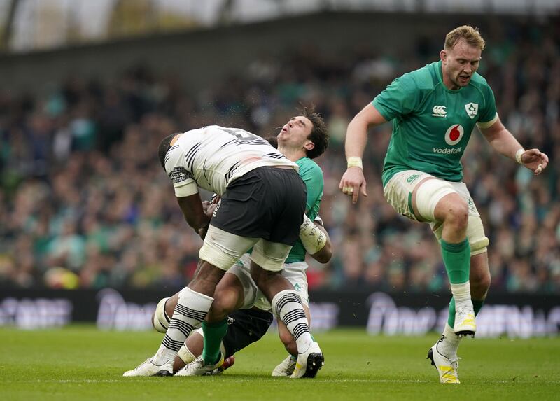 Ireland v Fiji: Ireland's Joey Carbery is tackled by Fiji's Albert Tuisue during the Autumn International match at the Aviva Stadium on November 12th. Photograph: Niall Carson/PA