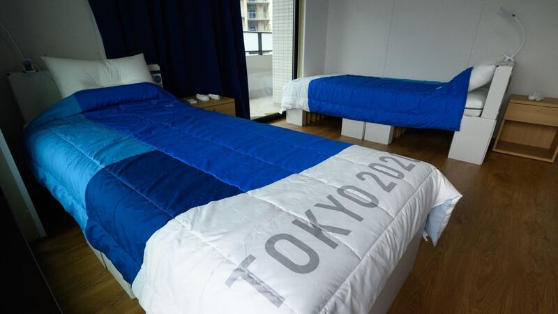 Recyclable cardboard beds and mattresses for athletes  at the Olympic   Village, Tokyo, where sex has been discouraged and the sale of alcohol banned. Photograph: Akio Kon/POOL/AFP via Getty Images