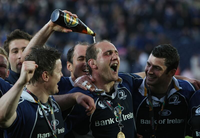 Leinster's Brian O'Driscoll, Keith Gleeson and Rob Kearney celebrate in 2008. Photograph: Billy Stickland/Inpho