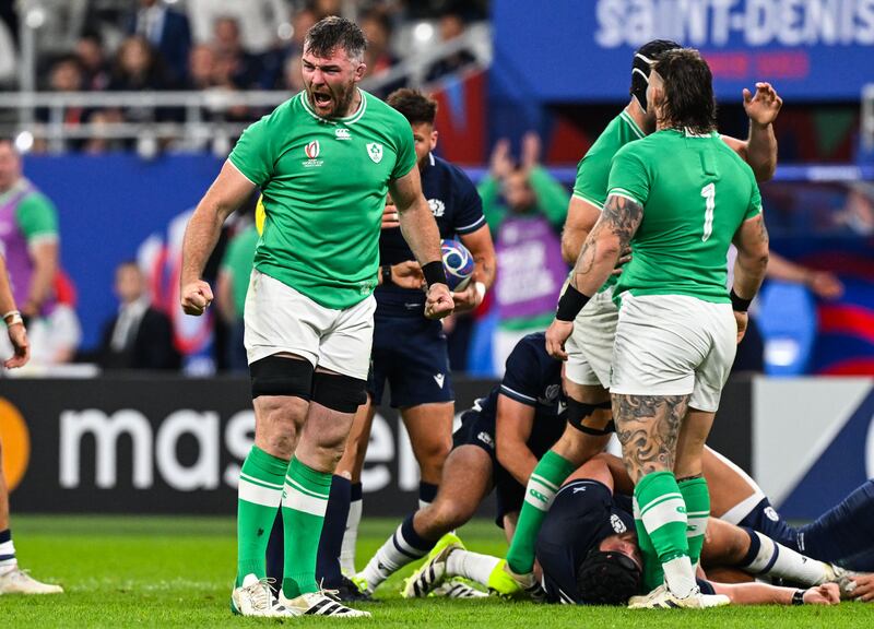 Peter O’Mahony celebrates after Ireland win a penalty during the game against Scotland. Photograph: Craig Watson/Inpho