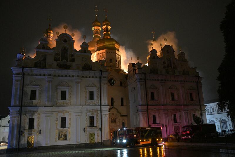 The roof of the Dormition Cathedral of the Kyiv-Pechersk Lavra was on fire during the strike. Photograph: Danylo Antoniuk/AP