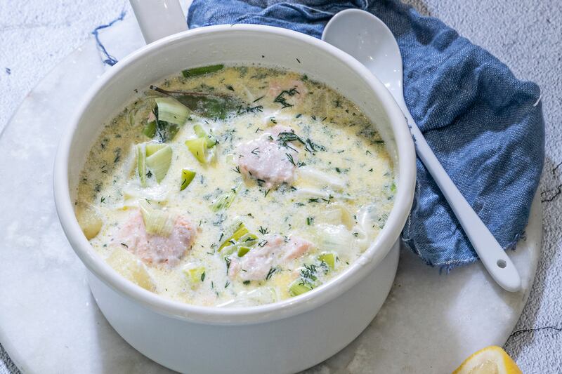 A very simple seafood stew of  leek potato, salmon, dill.
