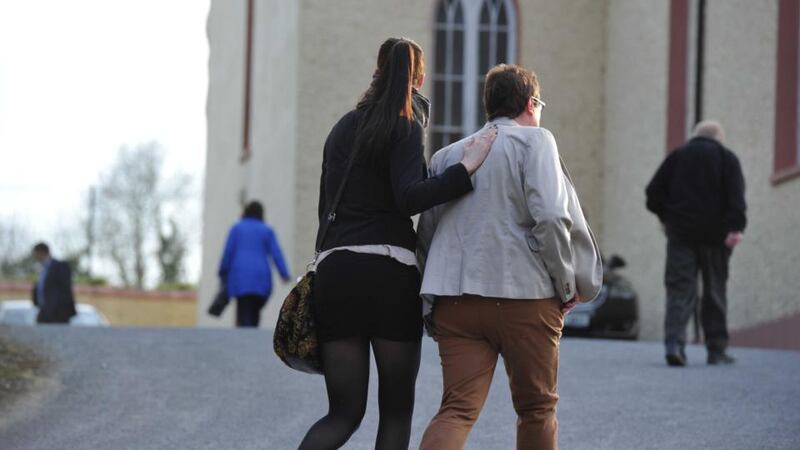 People arrive at church for the Mass of Hope for Karen Buckley in Mourneabbey in Co Cork, on Wednesday. Photograph: Michael MacSweeney/Provision