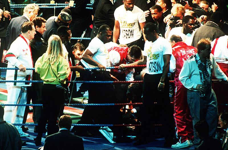 Michael Watson is treated after his WBO Middleweight title fight against Chris Eubank at White Hart Lane in September 1991. Photograph:  Bob Martin/Allsport