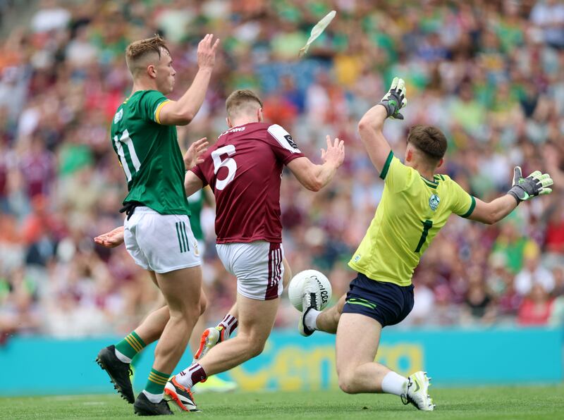 Meath’s Ruairí Kinsella and goalkeeper Billy Hogan block Dylan McHugh of Galway's goal-bound attempt. Photograph: James Crombie/Inpho