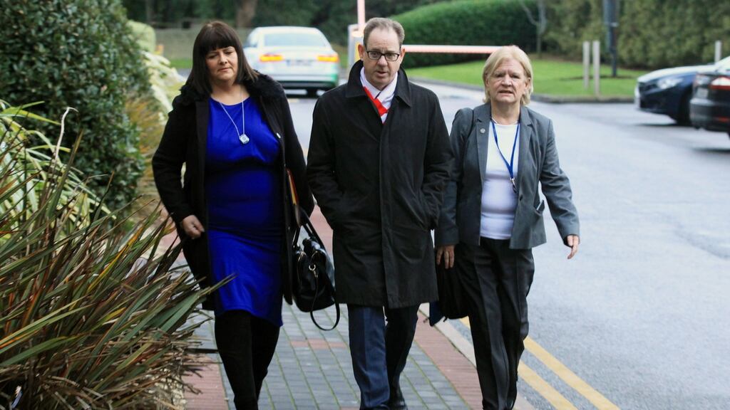 Ashley Connolly, Bernard Harbor and Angela Kirk of trade union Impact arrive at the Carlton Hotel in Dublin on Tuesday evening for their meeting with Ryanair management. Photograph: Stephen Collins/Collins