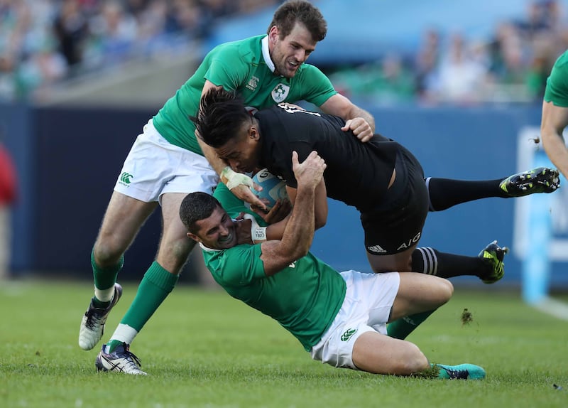 New Zealand's Julian Savea is tackled by Ireland’s Jared Payne and Rob Kearney at Soldier Field, Chicago, in 2016. Photograph: Billy Stickland/Inpho
