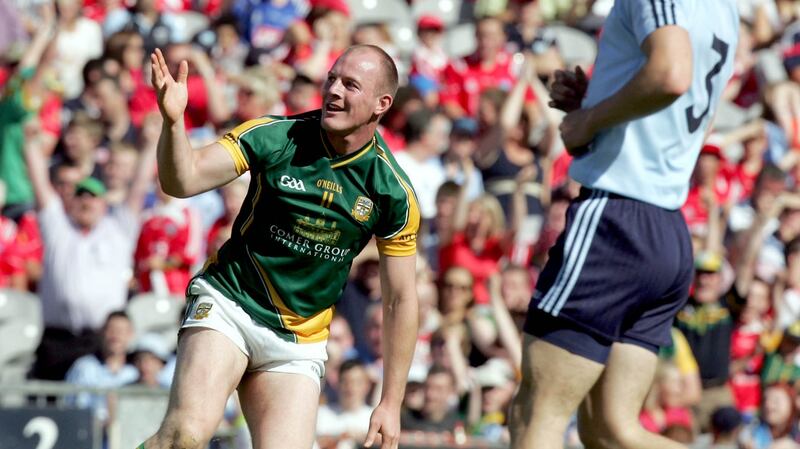 Joe Sheridan celebrates his goal in Meath’s rout of Dublin. Photograph: Ryan Byrne/Inpho