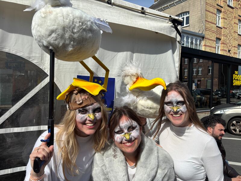 Amalia van Vaerenbergh (middle) on her hen party at the European gull screeching championships in De Panne, Belgium. Photograph: Jack Power