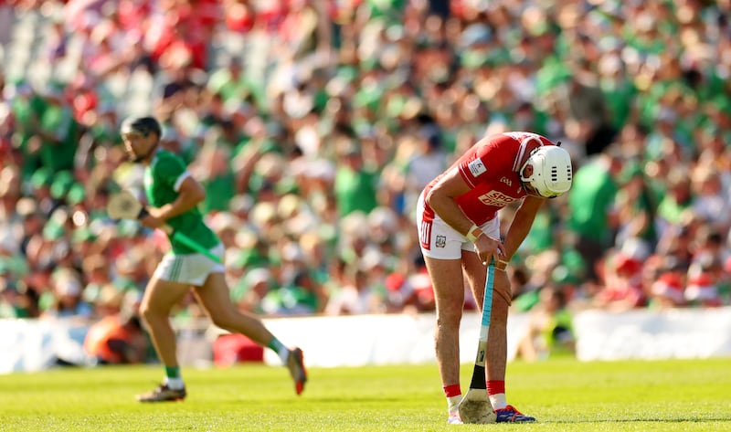 Tim O'Mahony looks dejected late in the game during the Munster championship defeat to Limerick at the TUS Gaelic Grounds, Limerick. Photograph: James Crombie/Inpho
