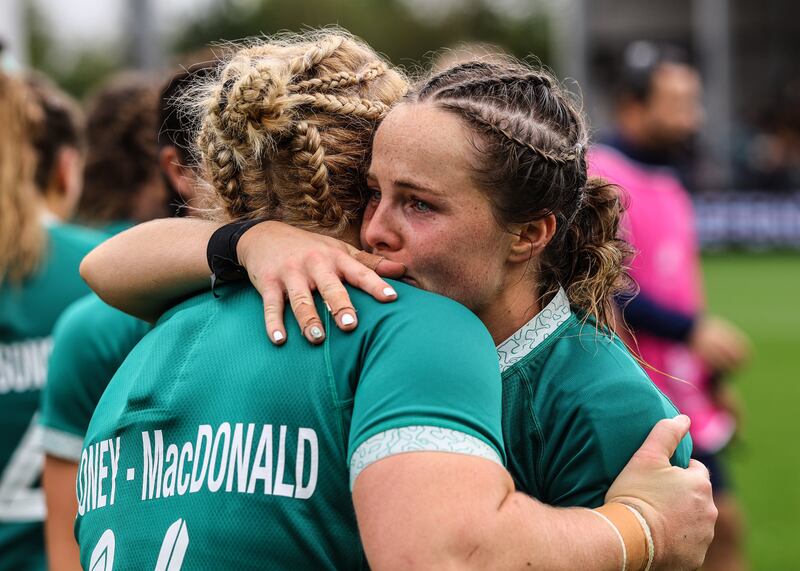 Ireland's Clíodhna Moloney MacDonald with Aoibheann Reilly after the game. Photograph: Ben Brady/Inpho