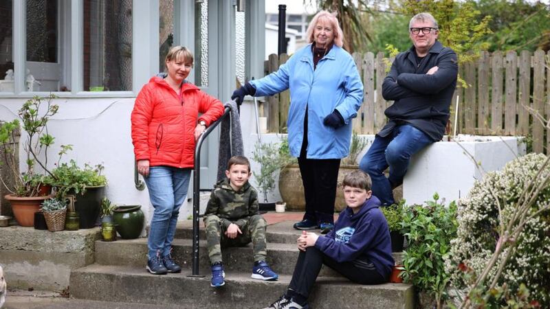 Yuliia Zadniprovska, and her son Ivan, from Ukraine (left), with members of their host family, Robert Walpole his son Harry and Elaine O’Flanagan, in Glasnevin, Dublin. Photograph: Dara Mac Dónaill/The Irish Times