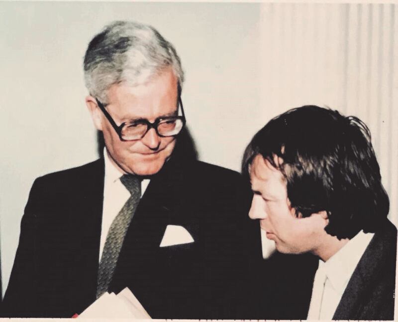 Eamonn Mallie with Douglas Hurd, who served in a number of senior British cabinet posts including secretary of state for Northern Ireland and foreign secretary in the Thatcher and Major governments. Photograph: Kelvin Boyes