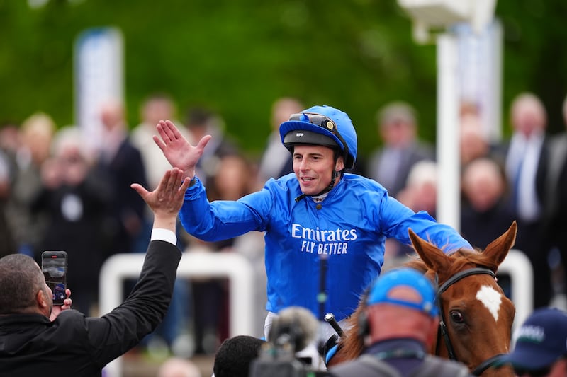 William Buick on board Desert Flower after winning the Betfred 1,000 Guineas at Newmarket on Sunday. Photograph: David Davies/PA Wire for The Jockey Club