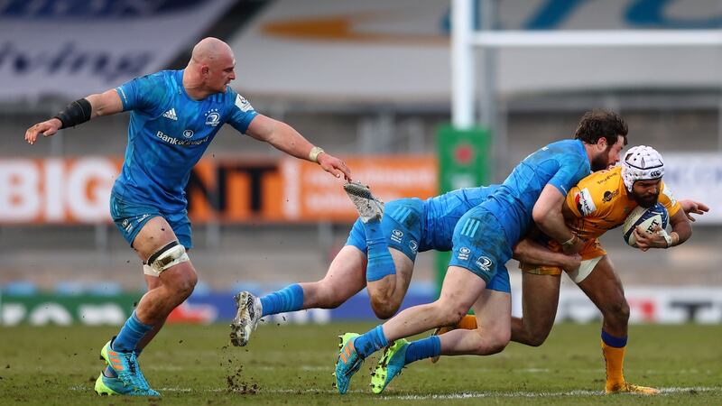 Exeter Chiefs’s Tom O’Flaherty is tackled by Robbie Henshaw. Photograph:  Michael Steele/Getty Images