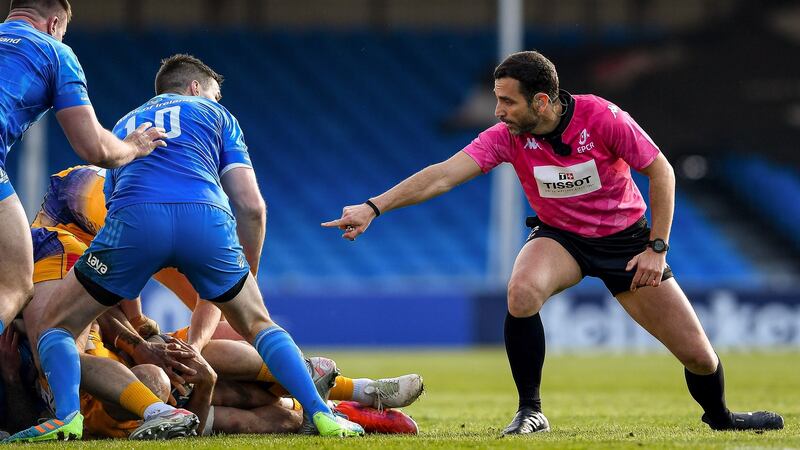 Referee Mathieu Raynal engages with Leinster’s Johnny Sexton during the Heineken Champions Cup quarter-final against Exeter at  Sandy Park. Photograph: Ryan Hiscott/Inpho