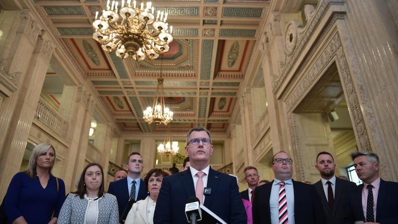 DUP leader Sir Jeffrey Donaldson holds a press conference in the Great Hall following talks with Northern Ireland Secretary of State Brandon Lewis at Stormont. Photograph:  Charles McQuillan/Getty