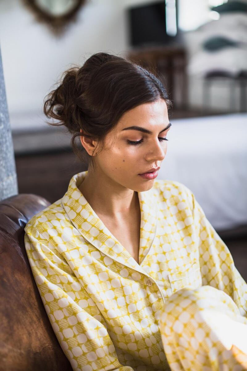 The Ethical Silk Company’s gold print silk pyjamas, €245.  The collection is inspired by the colours of Jaipur. Photograph: Dara Munnis