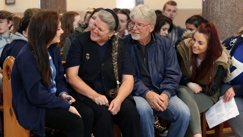 Arlette and Hans-Peter Riedo, parents of the late Manuela Riedo, visited St. Joseph’s Church in Galway city yesterday to meet and listen to the new Galway School’s Choir, Spideog, which was rehearsing for the forthcoming Manuela Riedo Foundation concert which takes place in St. Nicholas’ Collegiate Church on October 15. They are pictured talking to choir members Aoife Boyle and Ruthann Kelly, students at the Presentation Secondary School. Photograph: Joe O’Shaughnessy.