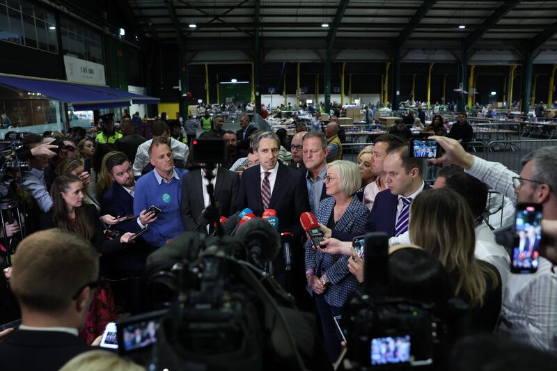 Taoiseach Simon Harris speaking to the media at the 
RDS count centre in Dublin. Sam Boal/Collins



