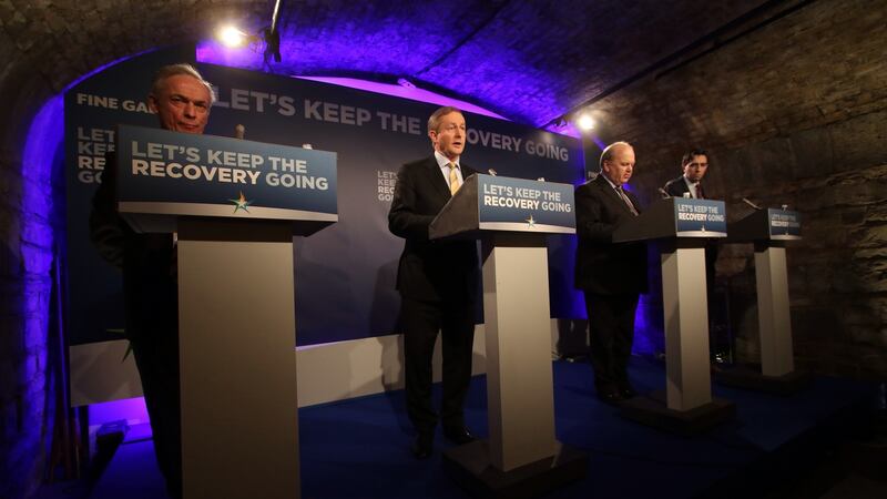 Fine Gael sets out long term economic plan. Pictured are Minister for Jobs Richard Bruton, Taoiseach Enda Kenny, Minister for Finance Michael Noonan and Minister of State for the OPW Simon Harris. Picture Nick Bradshaw