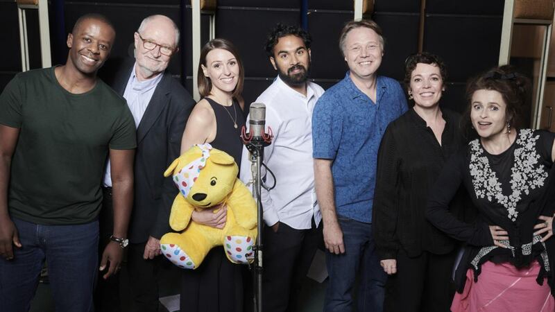 Children in Need: Got It Covered: Adrian Lester, Jim Broadbent, Suranne Jones, Himesh Patel, Shaun Dooley, Olivia Colman and Helena Bonham Carter. Photograph: Ray Burmiston