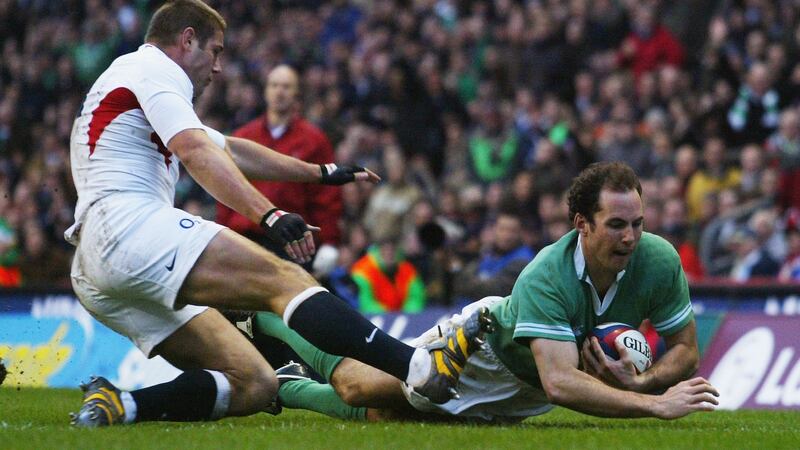 Girvan Dempsey  scores a crucial try during the victory over England at Twickenham in 2004. Photograph: Photograph:  Shaun Botterill/Getty Images