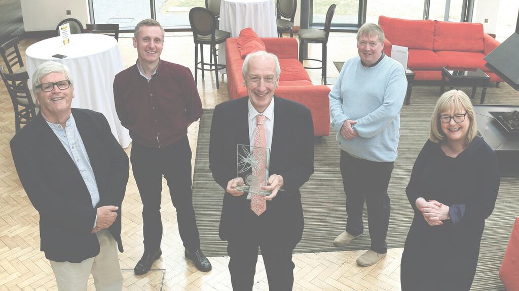 Pictured at the award presentation,  front l/r, Manus O’Callaghan, awards organiser, Maurice Gubbins, Cork Person of Month, Majella Gallagher, MD of Irish Examiner/The Echo, rear l/r George Duggan, Cork Crystal, Pat Lemasney, Southern. Photograph:  Tony O’Connell.