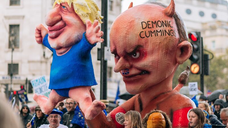 An effigy depicting Dominic Cummings manipulating Boris Johnson at a “People’s Vote” march in London last October. Photograph:  Maciek Musialek/NurPhoto via Getty Images