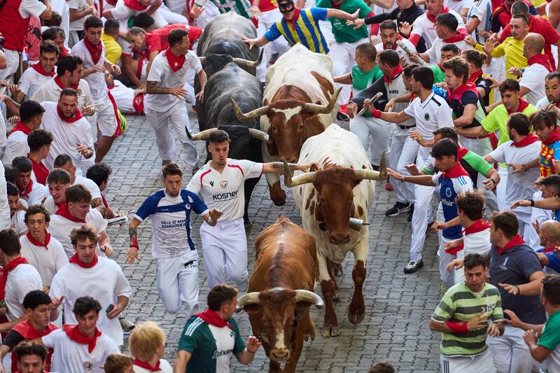 Revellers run alongside Jose Escolar’s fighting bulls during the fifth running of the bulls in Pamplona. Photograph: Miguel Oses/AP
