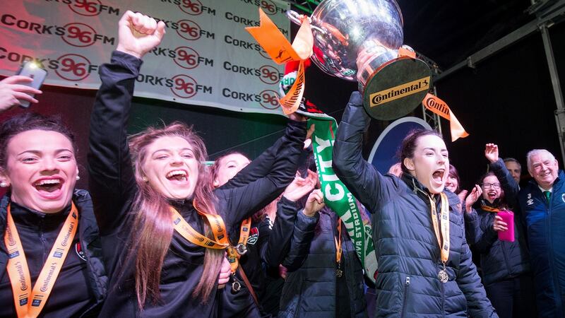Cork City WFC captain Ciara McNamara and her team-mates celebrate with the  Women’s FAI Senior Cup. Photograph: Oisin Keniry/Inpho