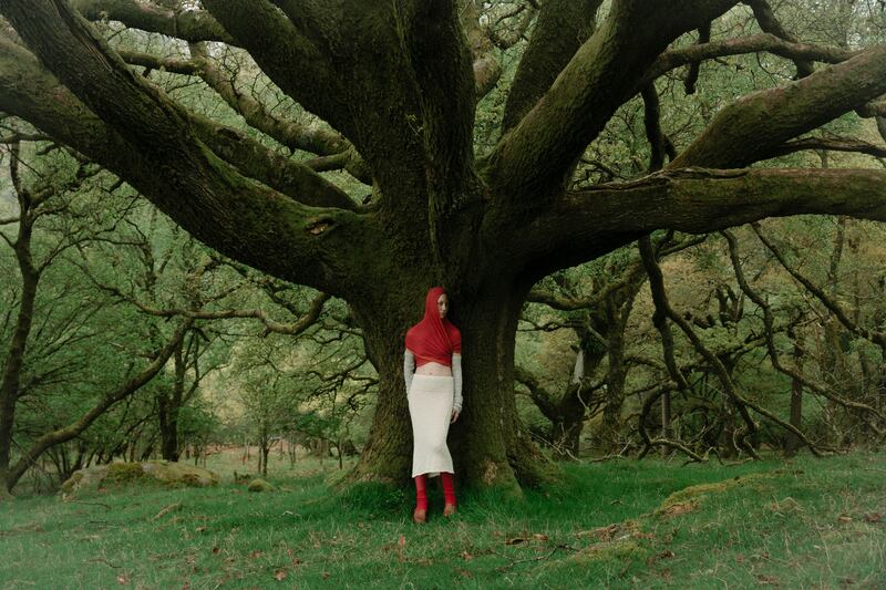 Orange and red cashmere alpaca blend scarf, €320, and skirt, made to order