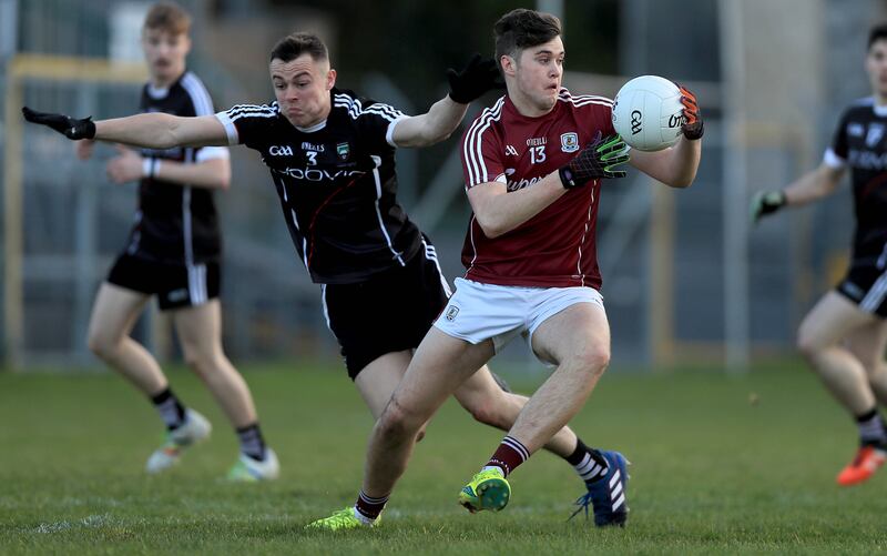Sligo's Luke Nicholson and Galway's Robert Finnerty in their Connacht  under-21 championship final at Markievicz Park, Co Sligo, in April 2017.
Photograph: Donall Farmer/Inpho
