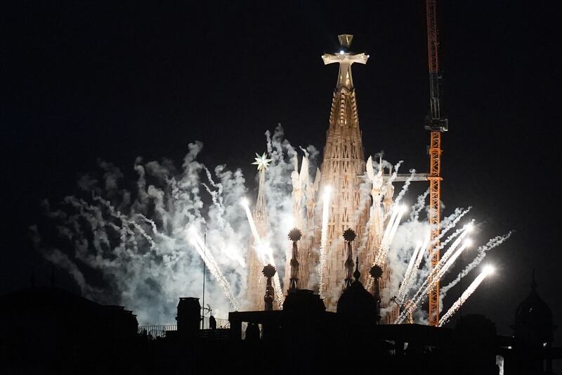 Fireworks are set off around the Basilica of the Sagrada Familia after Pope Leo XIV blessed Jesus Christ tower during its inauguration on June 10, 2026 in Barcelona, Spain. Photograph: Michael Robinson Chávez/Getty Images