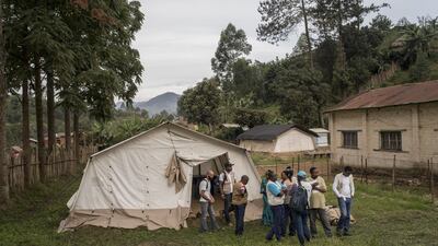 Dr Jean-Christophe Shako, third from left, and a team of representatives from the Democratic Republic of Congo’s Ministry of Health, the World Health Organization, Unicef and Doctors Without Borders inspecting a vaccination site in Lubero, outside Butembo, Democratic Republic of Congo in December, 2018. Photograph: Diana Zeyneb Alhindawi/The New York Times