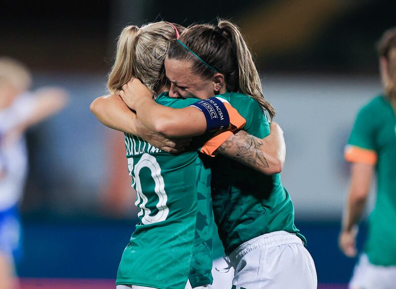 Denise O'Sullivan and Katie McCabe celebrate after the crucial victory over Finland at Tallght Stadium which assures Ireland or a World Cup playoff.  Photograph: Tom Maher/Inpho 