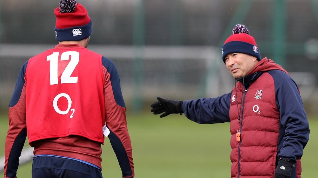 England head coach Eddie Jones talks to Jonathan Joseph during an England training session. Photograph: Getty Images