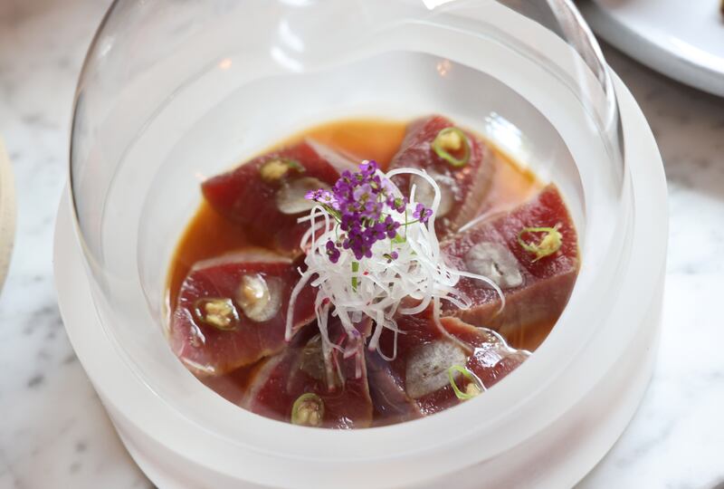 Balfegó tuna topped with orange glaze, ponzu and lemon soy butter. Photograph: Dara Mac Dónaill