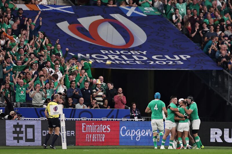 Ireland's Dan Sheehan celebrates with team-mates after scoring a try during the World Cup Pool B match against Scotland at the Stade de France. Photograph: Franck Fife/AFP via Getty Images