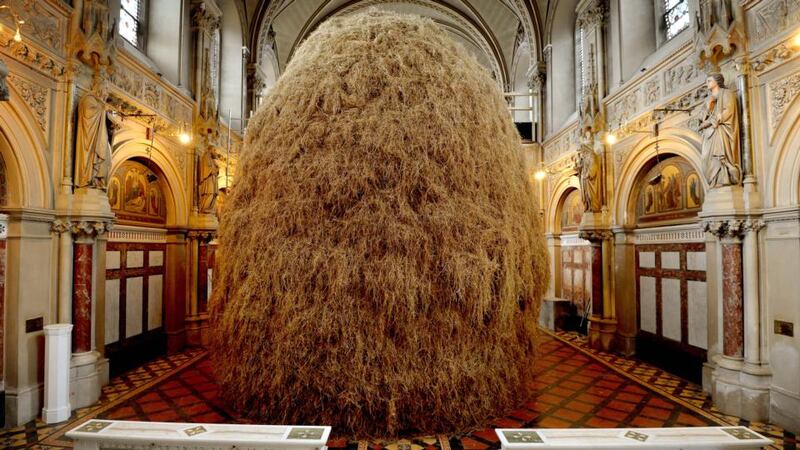 A giant haystack by  Patrick O’Reilly in his studio, St Alphonsus Church, in Drumcondra, Dublin. Photograph: David Sleator