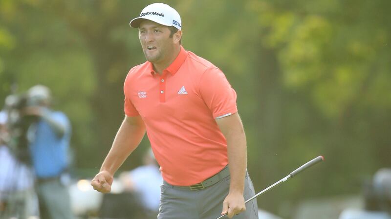 Spain’s  Jon Rahm  celebrates holing a  66-foot putt to defeat Dustin Johnson in a  sudden death playoff on the 18th hole during the final round of the BMW Championship on the North Course at Olympia Fields Country Club  in Olympia Fields, Illinois. Photograph: Andy Lyons/Getty Images