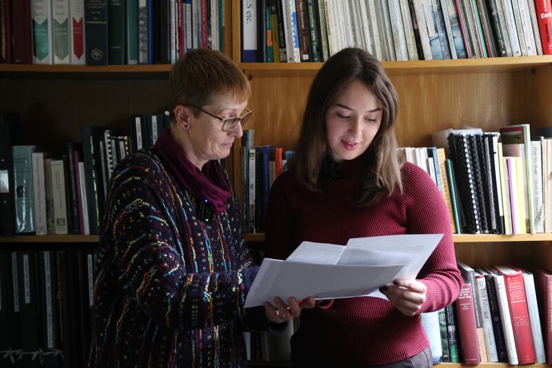 The Irish Times' Ella Sloane with genealogist Hilary McDonagh at the National Archives. Photograph: Bryan O’Brien/The Irish Times