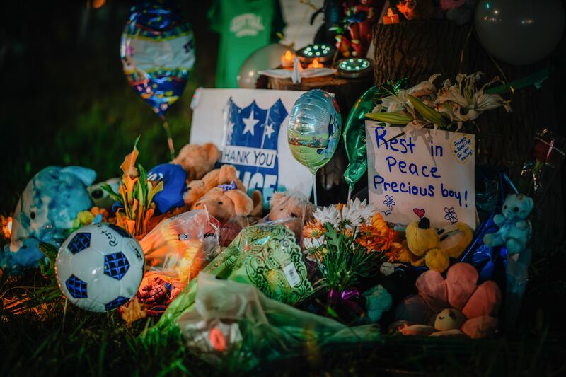 A makeshift memorial outside the home where six-year-old Wadea Al-Fayoume had lived in Illinois. A local sheriff’s office said that he was stabbed to death over the weekend in an attack motivated by hate for Muslims and the fighting in Israel and Gaza. Photograph: Jamie Kelter Davis/The New York Times
                      